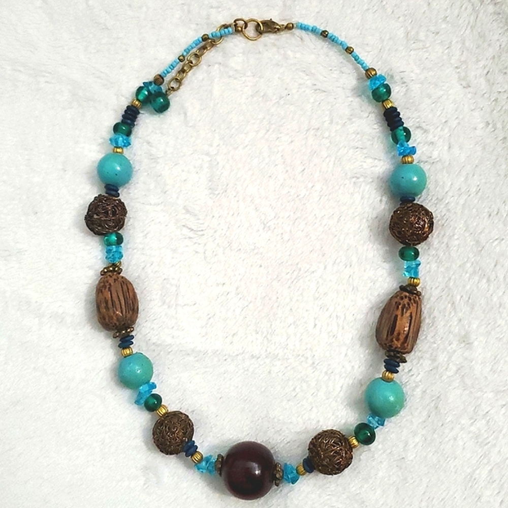 Artisan Made Turquoise and Brown Beaded Necklace - Picture 1 of 6
